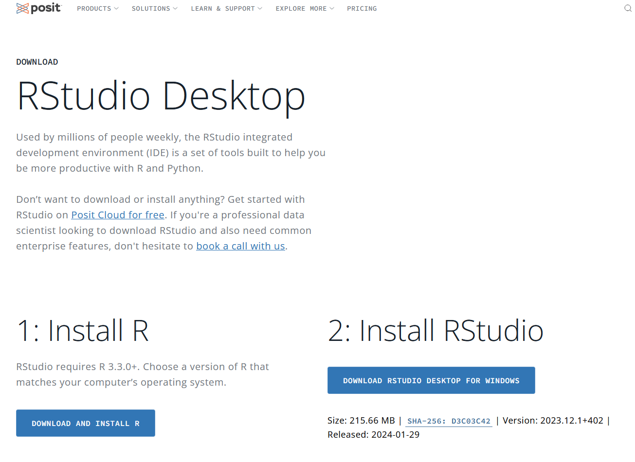 Screenshot of RStudio download website